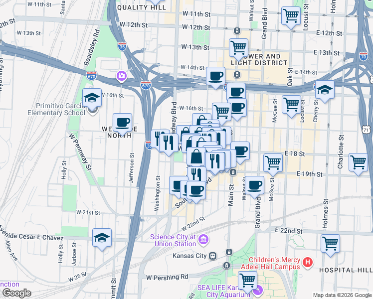 map of restaurants, bars, coffee shops, grocery stores, and more near 1809 Central Street in Kansas City