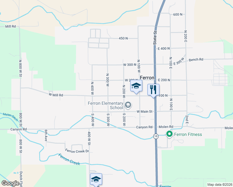 map of restaurants, bars, coffee shops, grocery stores, and more near 265 West Mill Road in Ferron