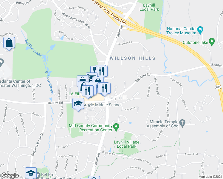 map of restaurants, bars, coffee shops, grocery stores, and more near 14423 Bakersfield Court in Silver Spring