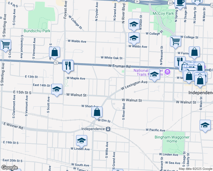 map of restaurants, bars, coffee shops, grocery stores, and more near 117 South Willis Avenue in Independence