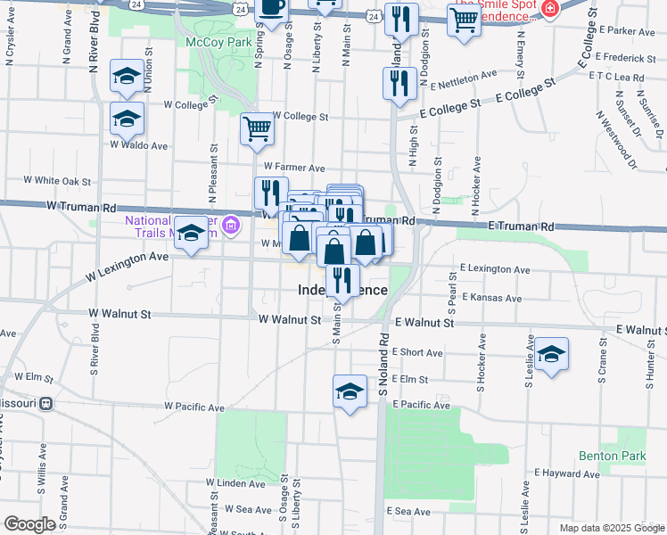 map of restaurants, bars, coffee shops, grocery stores, and more near in Independence