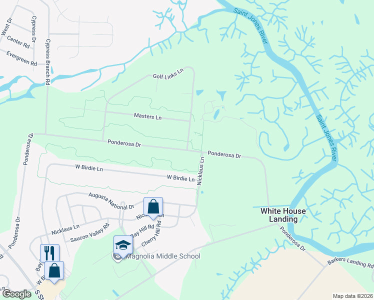 map of restaurants, bars, coffee shops, grocery stores, and more near Ponderosa Drive in Magnolia