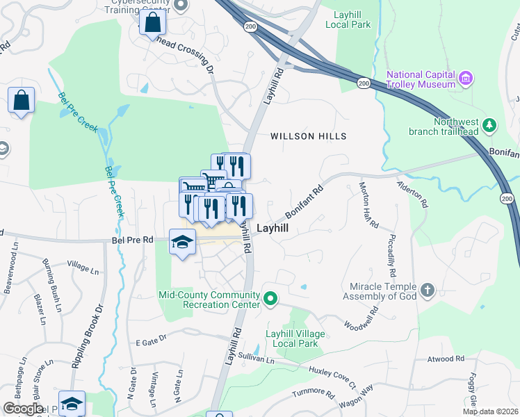 map of restaurants, bars, coffee shops, grocery stores, and more near 14423 Bakersfield Court in Silver Spring