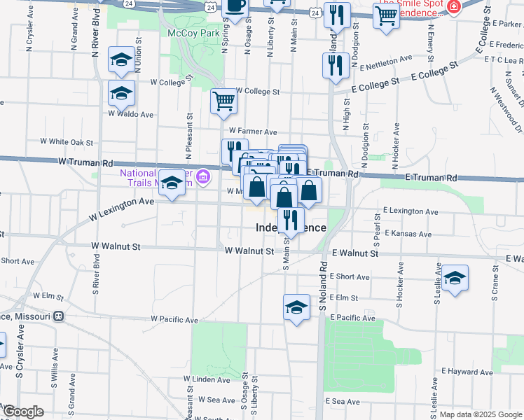 map of restaurants, bars, coffee shops, grocery stores, and more near 110 South Liberty Street in Independence