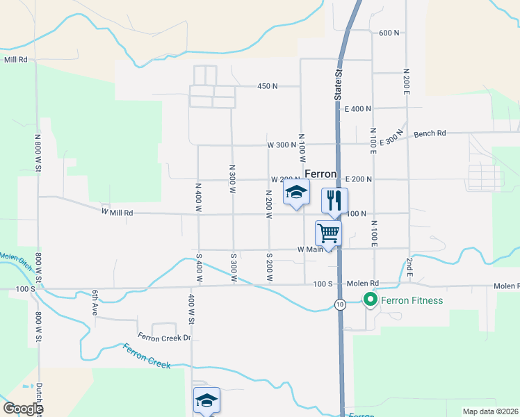 map of restaurants, bars, coffee shops, grocery stores, and more near 215 West Mill Road in Ferron