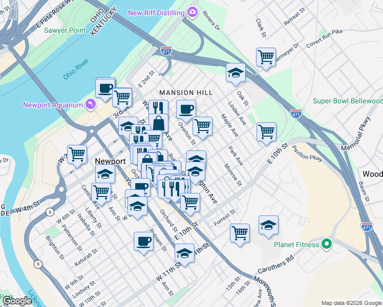 map of restaurants, bars, coffee shops, grocery stores, and more near 719 Washington Avenue in Newport