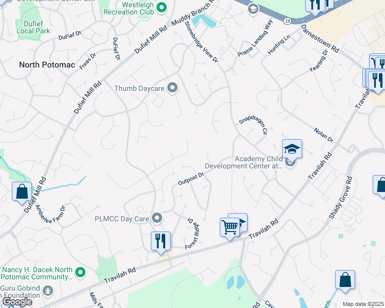 map of restaurants, bars, coffee shops, grocery stores, and more near 14617 Settlers Landing Way in North Potomac