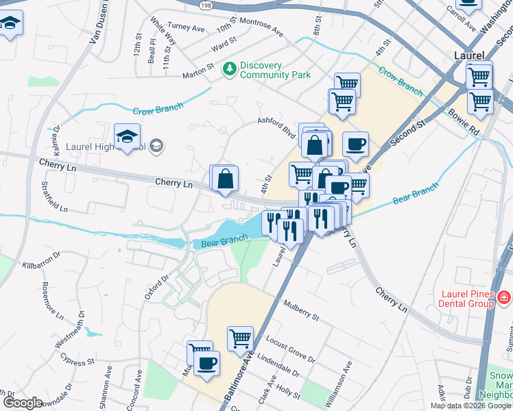map of restaurants, bars, coffee shops, grocery stores, and more near 8387 Cherry Lane in Laurel