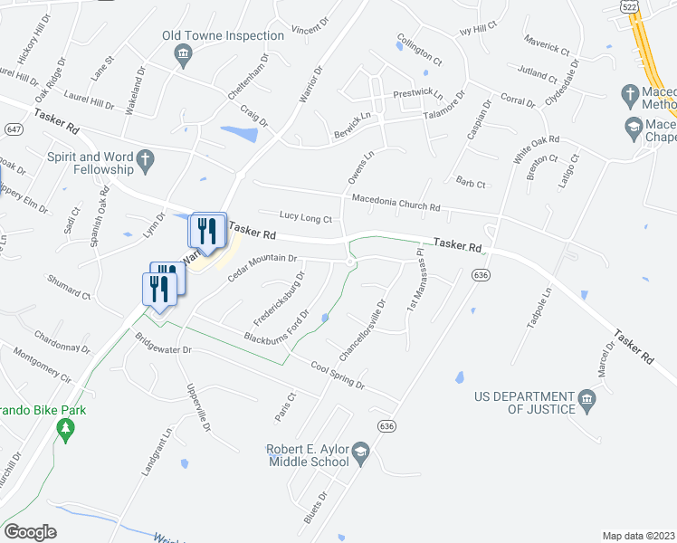 map of restaurants, bars, coffee shops, grocery stores, and more near 101 Blackburns Ford Drive in Stephens City