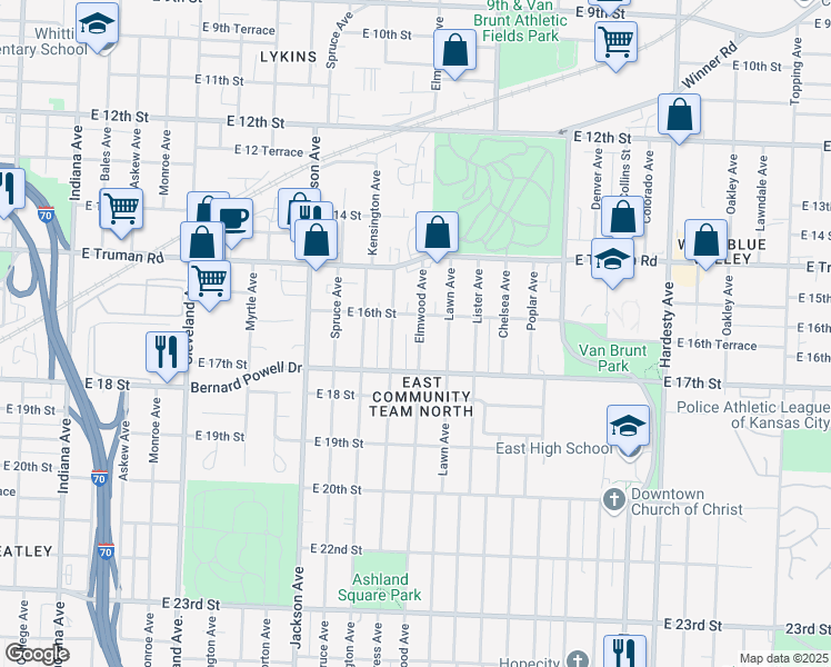 map of restaurants, bars, coffee shops, grocery stores, and more near 1608 Elmwood Avenue in Kansas City