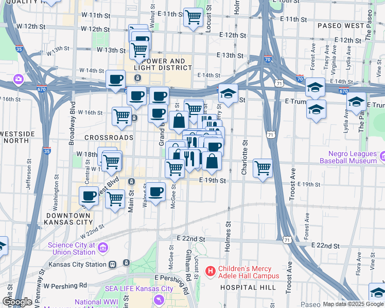 map of restaurants, bars, coffee shops, grocery stores, and more near 419 East 18th Street in Kansas City