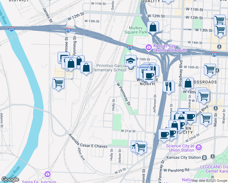 map of restaurants, bars, coffee shops, grocery stores, and more near 1722 Holly Street in Kansas City