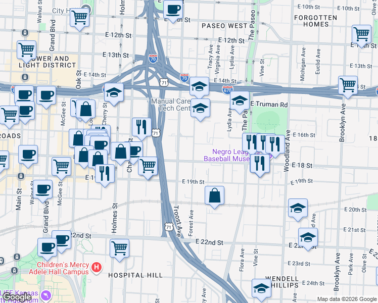 map of restaurants, bars, coffee shops, grocery stores, and more near 1732 Forest Avenue in Kansas City