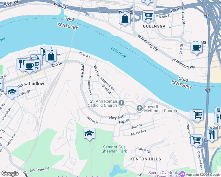map of restaurants, bars, coffee shops, grocery stores, and more near 353 Bond Street in Covington