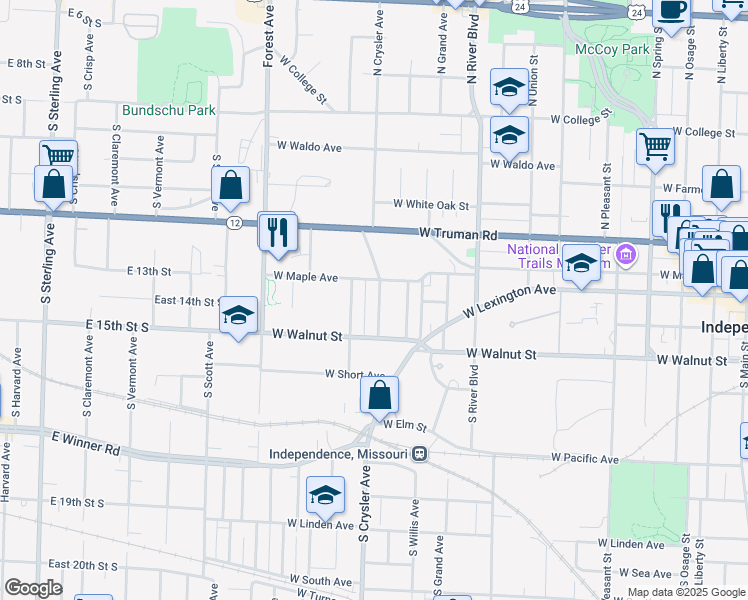 map of restaurants, bars, coffee shops, grocery stores, and more near 127 South Crysler Avenue in Independence