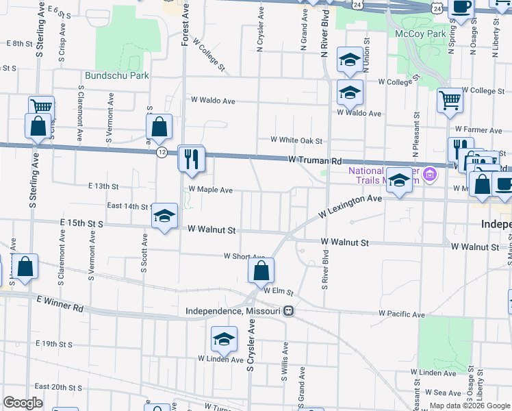 map of restaurants, bars, coffee shops, grocery stores, and more near 133 South Fuller Street in Independence