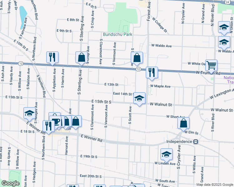 map of restaurants, bars, coffee shops, grocery stores, and more near 11419 East 14th Street South in Independence
