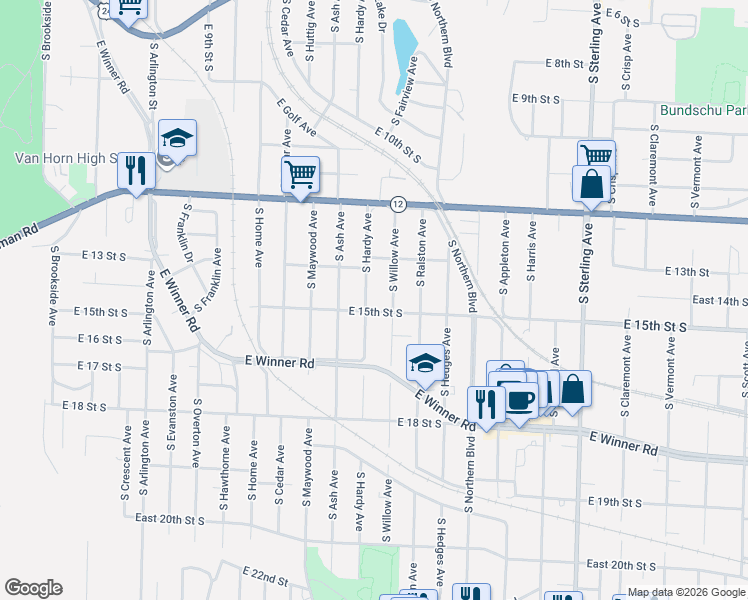 map of restaurants, bars, coffee shops, grocery stores, and more near 10403 East 15th Street South in Independence
