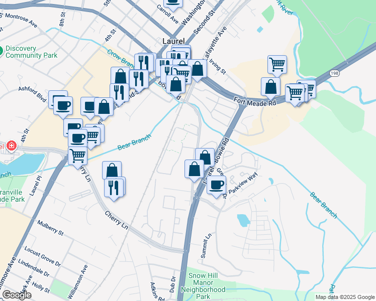 map of restaurants, bars, coffee shops, grocery stores, and more near 14709 Shiloh Court in Laurel