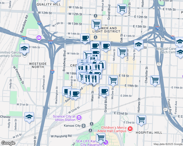map of restaurants, bars, coffee shops, grocery stores, and more near 1808 Main Street in Kansas City