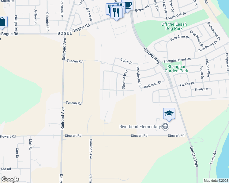 map of restaurants, bars, coffee shops, grocery stores, and more near 2439 Oak Court in Yuba City