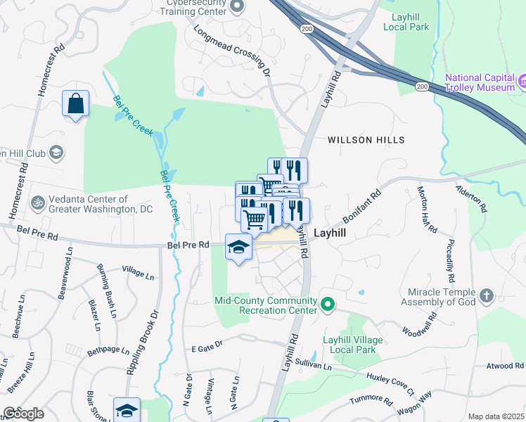 map of restaurants, bars, coffee shops, grocery stores, and more near 2223 Bel Pre Road in Silver Spring