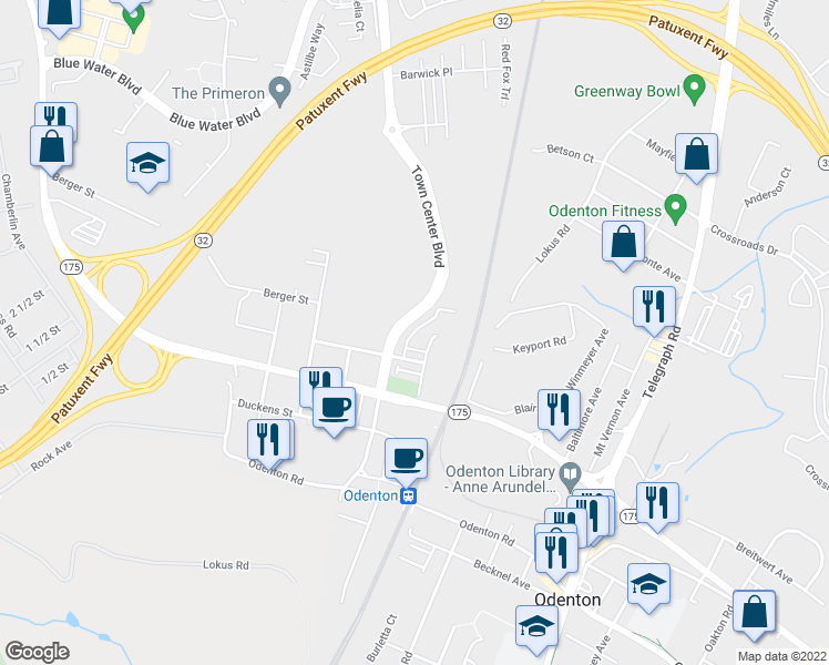 map of restaurants, bars, coffee shops, grocery stores, and more near 314 Chessington Drive in Odenton