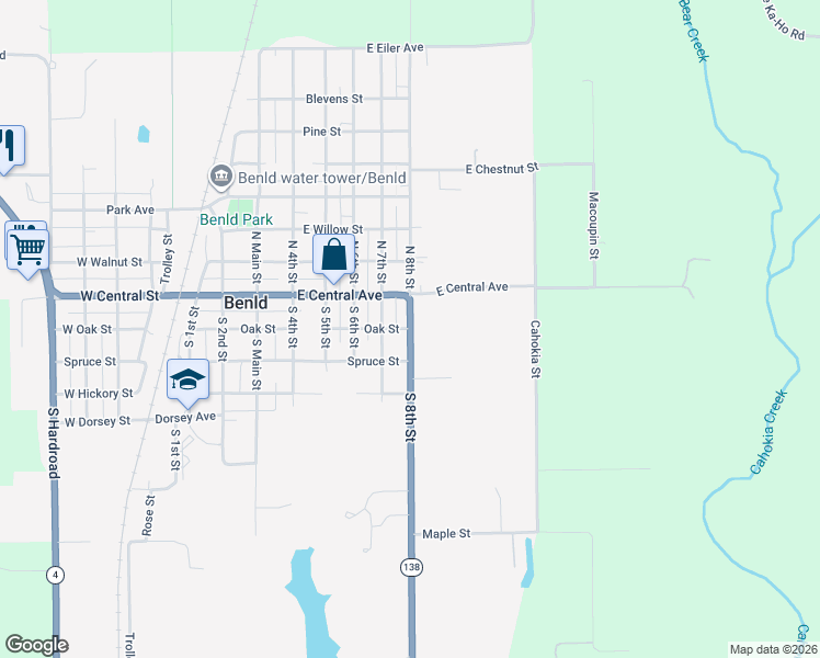 map of restaurants, bars, coffee shops, grocery stores, and more near 201-299 South 8th Street in Benld