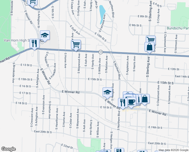 map of restaurants, bars, coffee shops, grocery stores, and more near 10403 East 15th Street South in Independence