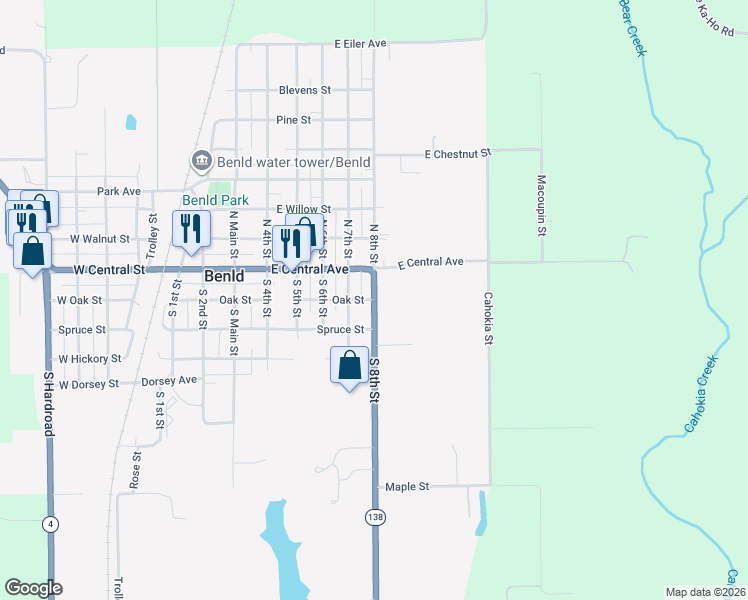 map of restaurants, bars, coffee shops, grocery stores, and more near 201 South 8th Street in Benld