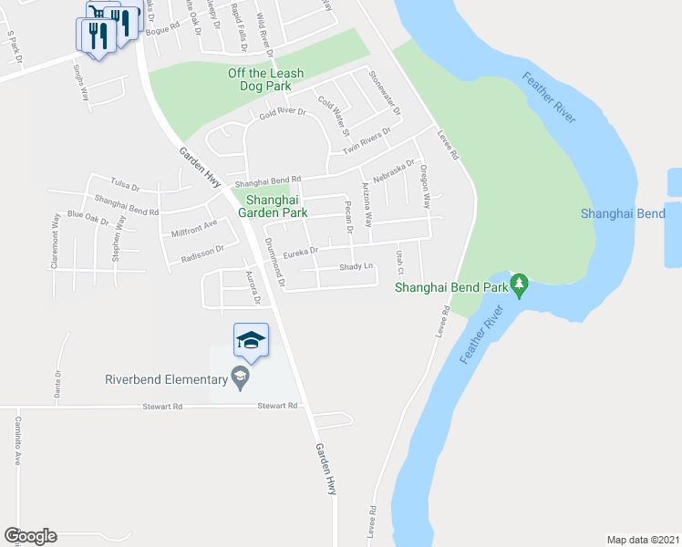 map of restaurants, bars, coffee shops, grocery stores, and more near 2256 Shady Lane in Yuba City