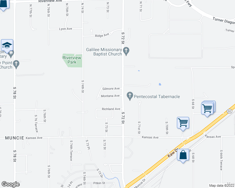 map of restaurants, bars, coffee shops, grocery stores, and more near 7212 Montana Avenue in Kansas City