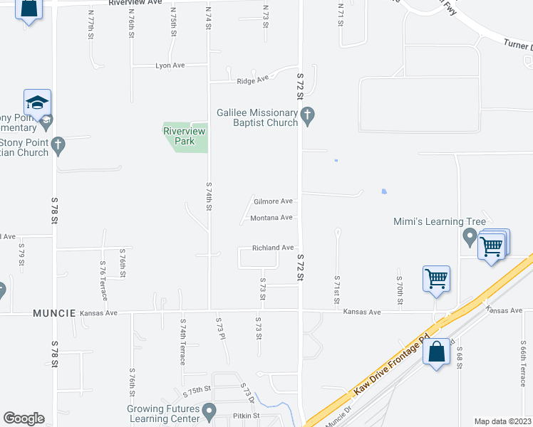 map of restaurants, bars, coffee shops, grocery stores, and more near 7242 Montana Avenue in Kansas City