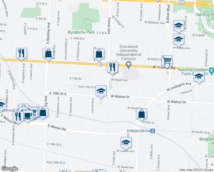 map of restaurants, bars, coffee shops, grocery stores, and more near 124 South Forest Avenue in Independence