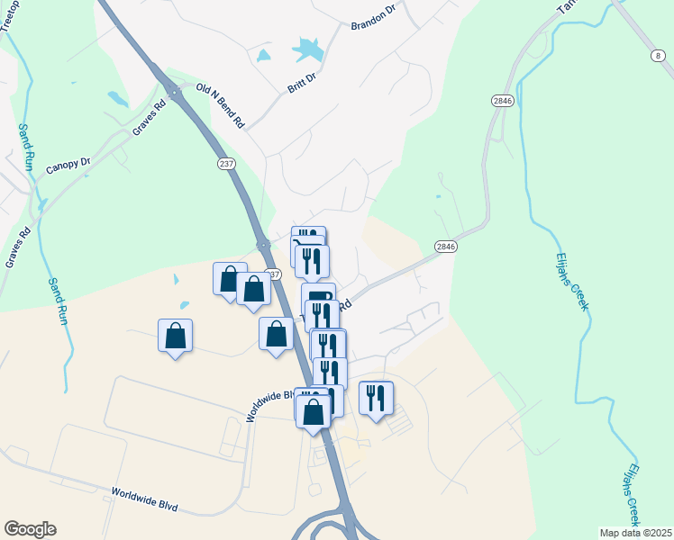 map of restaurants, bars, coffee shops, grocery stores, and more near 1810 Jesse Lane in Hebron