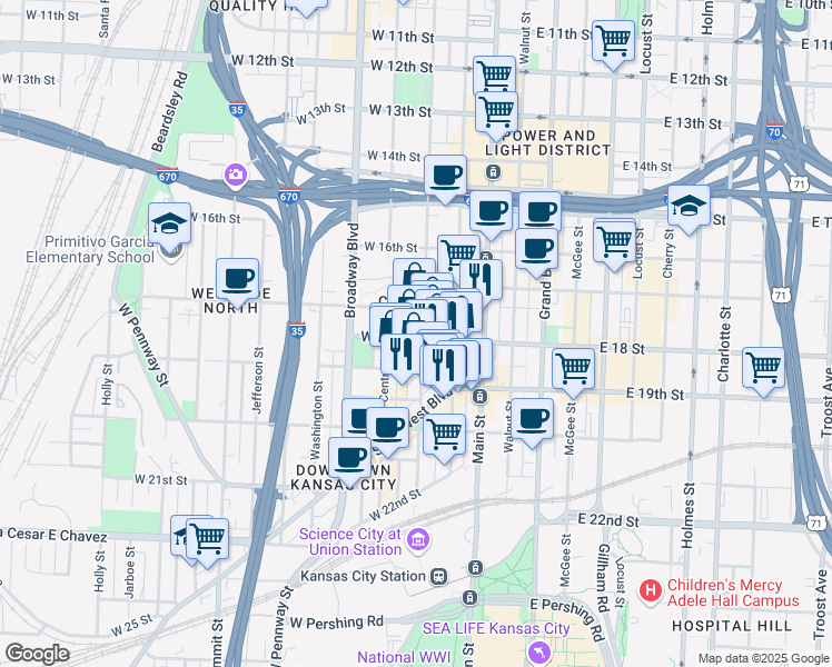 map of restaurants, bars, coffee shops, grocery stores, and more near 115 West 18th Street in Kansas City