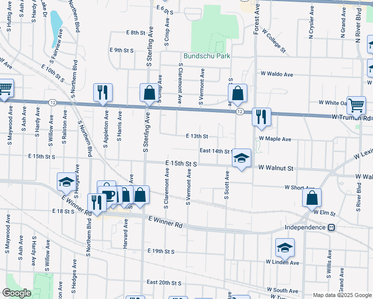 map of restaurants, bars, coffee shops, grocery stores, and more near 11314 East 15th Street South in Independence