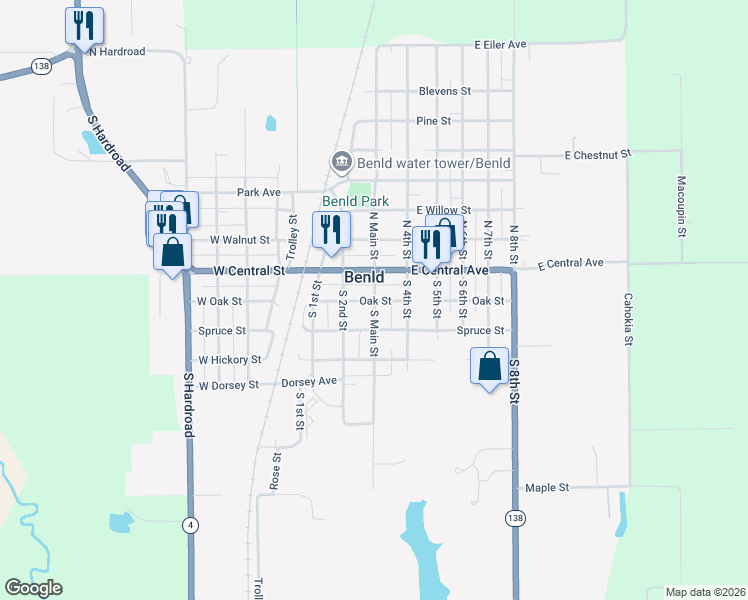 map of restaurants, bars, coffee shops, grocery stores, and more near 201 South Main Street in Benld