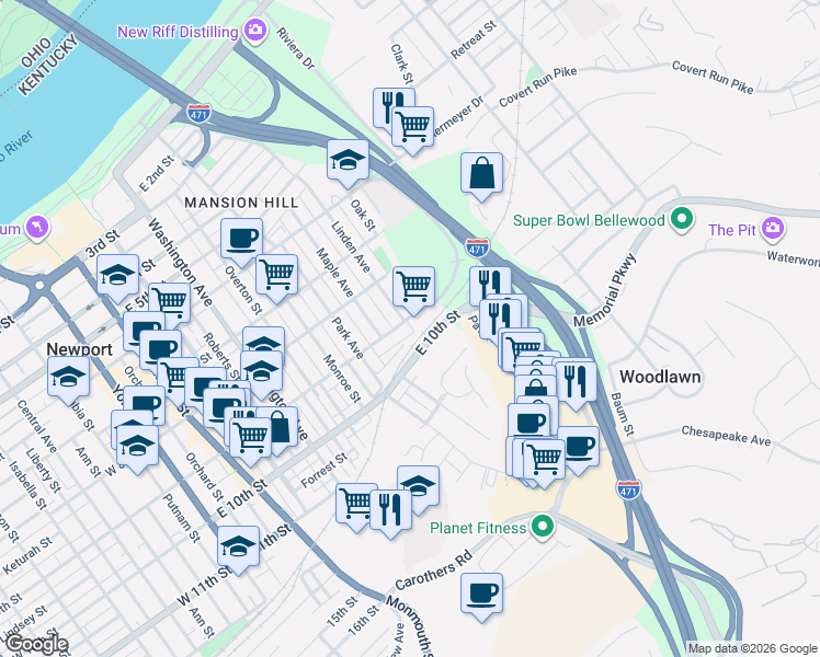map of restaurants, bars, coffee shops, grocery stores, and more near 708 East 9th Street in Newport