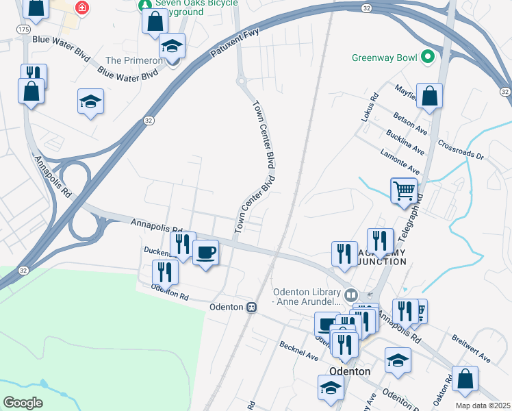 map of restaurants, bars, coffee shops, grocery stores, and more near Chessington Drive in Odenton