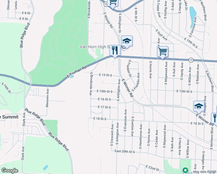 map of restaurants, bars, coffee shops, grocery stores, and more near 9511 East 15 Street South in Independence
