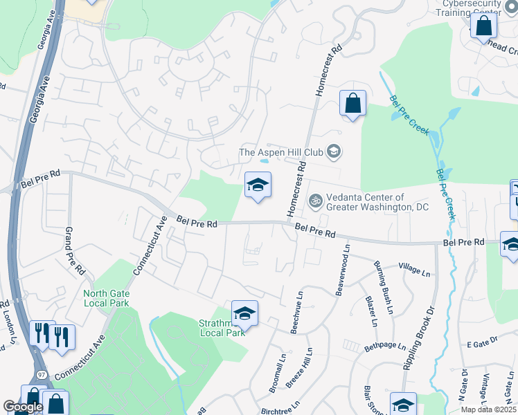 map of restaurants, bars, coffee shops, grocery stores, and more near 3223 Bel Pre Road in Silver Spring