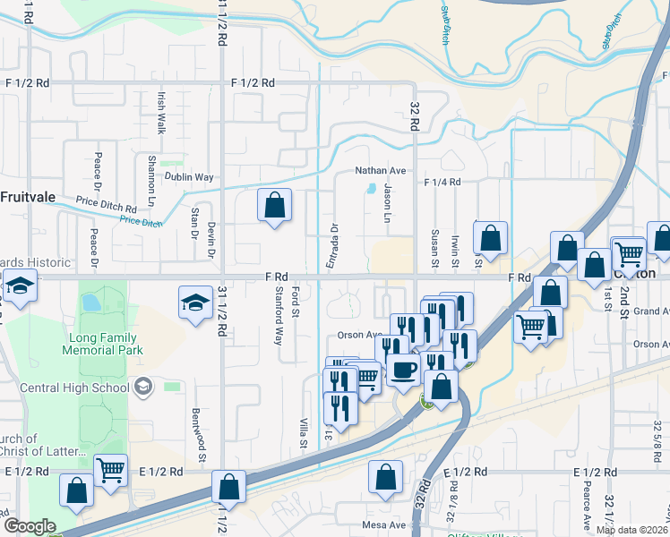 map of restaurants, bars, coffee shops, grocery stores, and more near 3191 F Road in Grand Junction