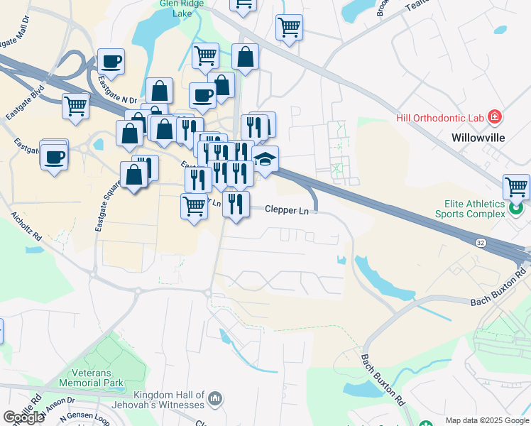 map of restaurants, bars, coffee shops, grocery stores, and more near 983 Clepper Lane in Batavia