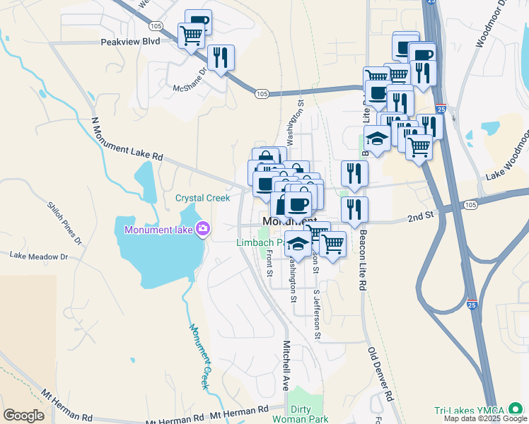 map of restaurants, bars, coffee shops, grocery stores, and more near 5 2nd Street in Monument