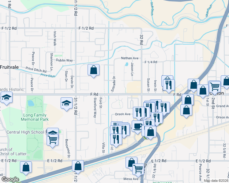 map of restaurants, bars, coffee shops, grocery stores, and more near 3191 F Road in Grand Junction