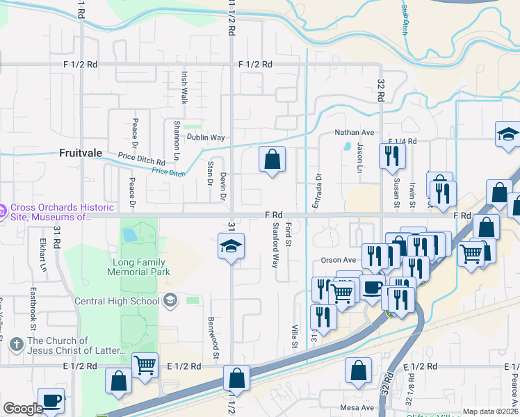 map of restaurants, bars, coffee shops, grocery stores, and more near 599 Stanford Way in Grand Junction