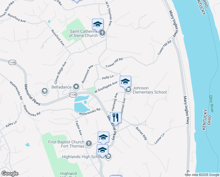 map of restaurants, bars, coffee shops, grocery stores, and more near 49 Hartweg Avenue in Fort Thomas