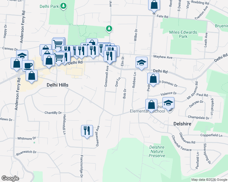 map of restaurants, bars, coffee shops, grocery stores, and more near 332 Don Lane in Cincinnati