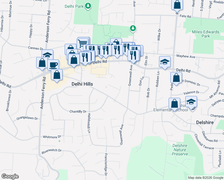 map of restaurants, bars, coffee shops, grocery stores, and more near 4988 Mount Alverno Road in Cincinnati